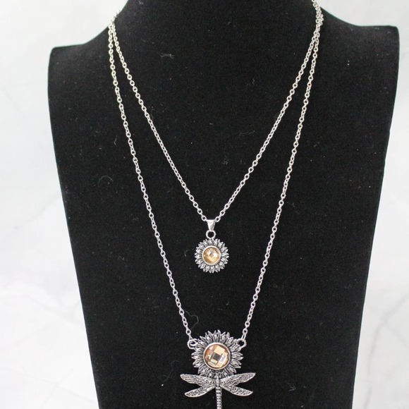 New Cute Fashion Silver Tone Double Chain Sunflower Necklace N34 - Picture 2 of 5